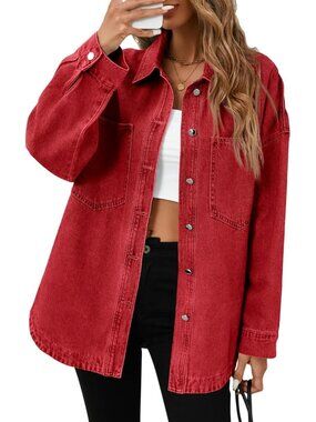 Women’s Red Long Sleeve Button Down Oversized Denim Jean Jacket Shacket